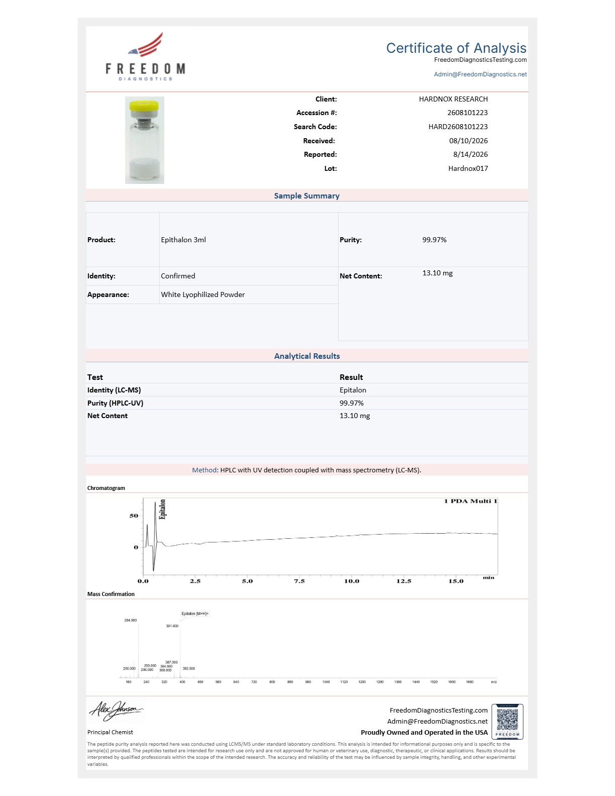 Epitalon lot Hardnox017 CoA preview
