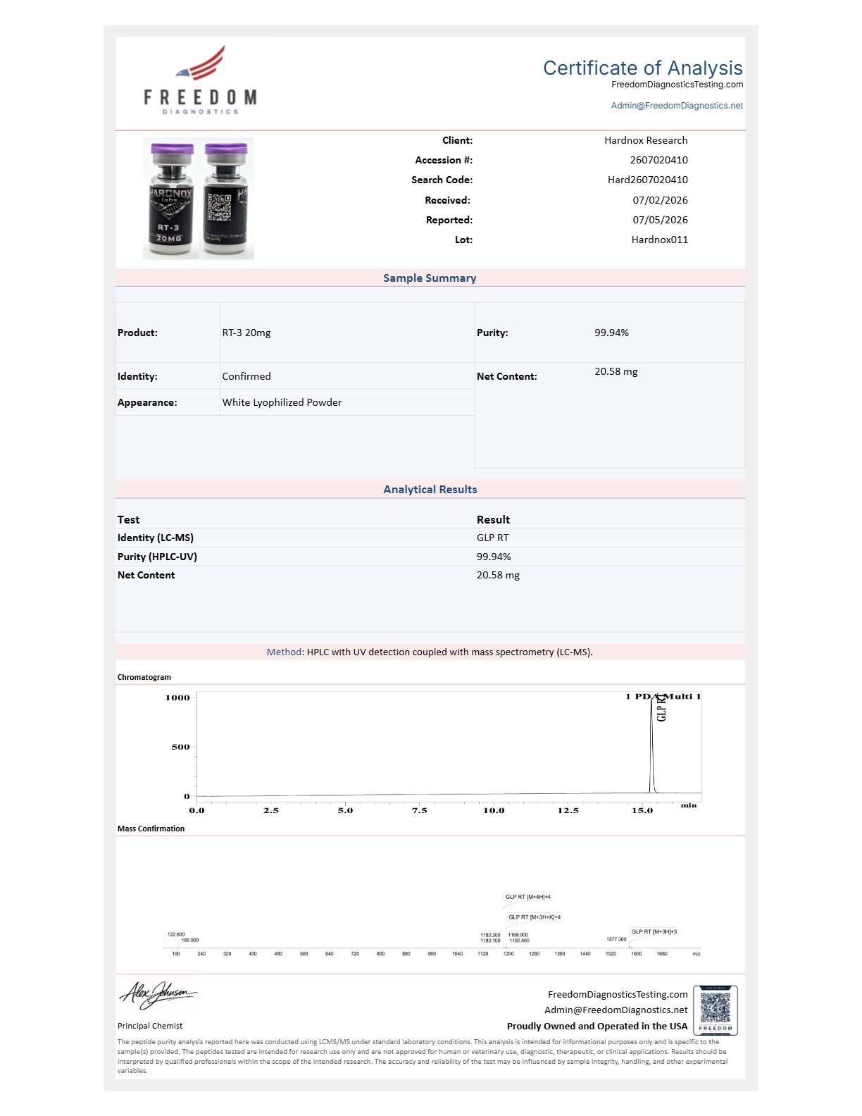 RT-3 lot Hardnox015 CoA preview