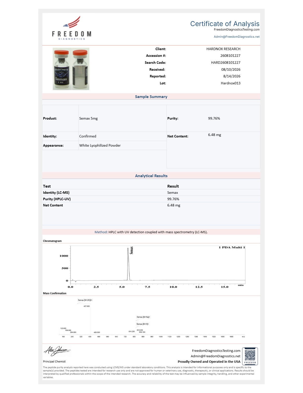 SEMAX lot Hardnox013 CoA preview